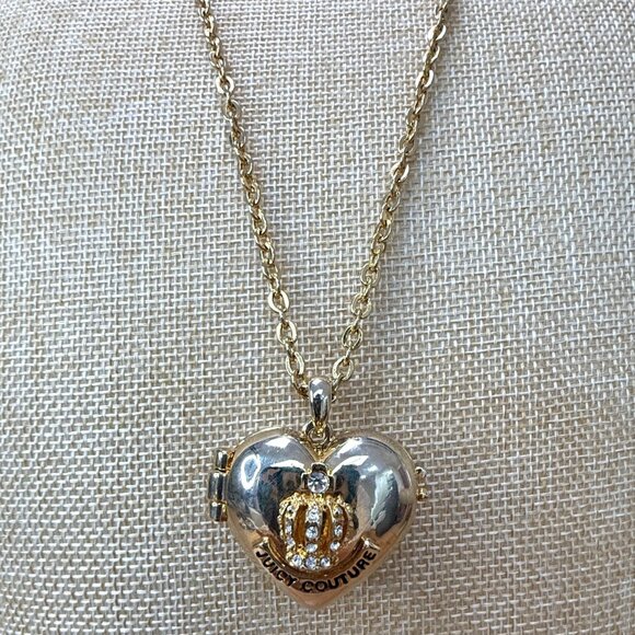 Juicy Couture Gold Heart Locket Necklace With Crown & Rhinestones 18" Chain - Picture 1 of 11